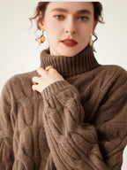LanlyCashmere Women's Cable Knit Cashmere Turtleneck Sweater