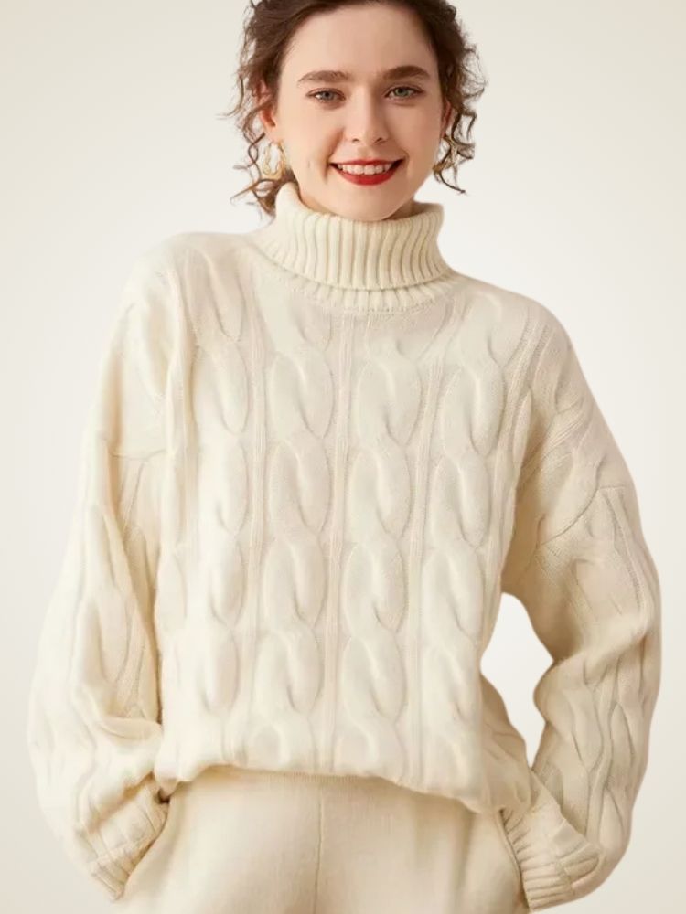 LanlyCashmere Women's Cable Knit Cashmere Turtleneck Sweater