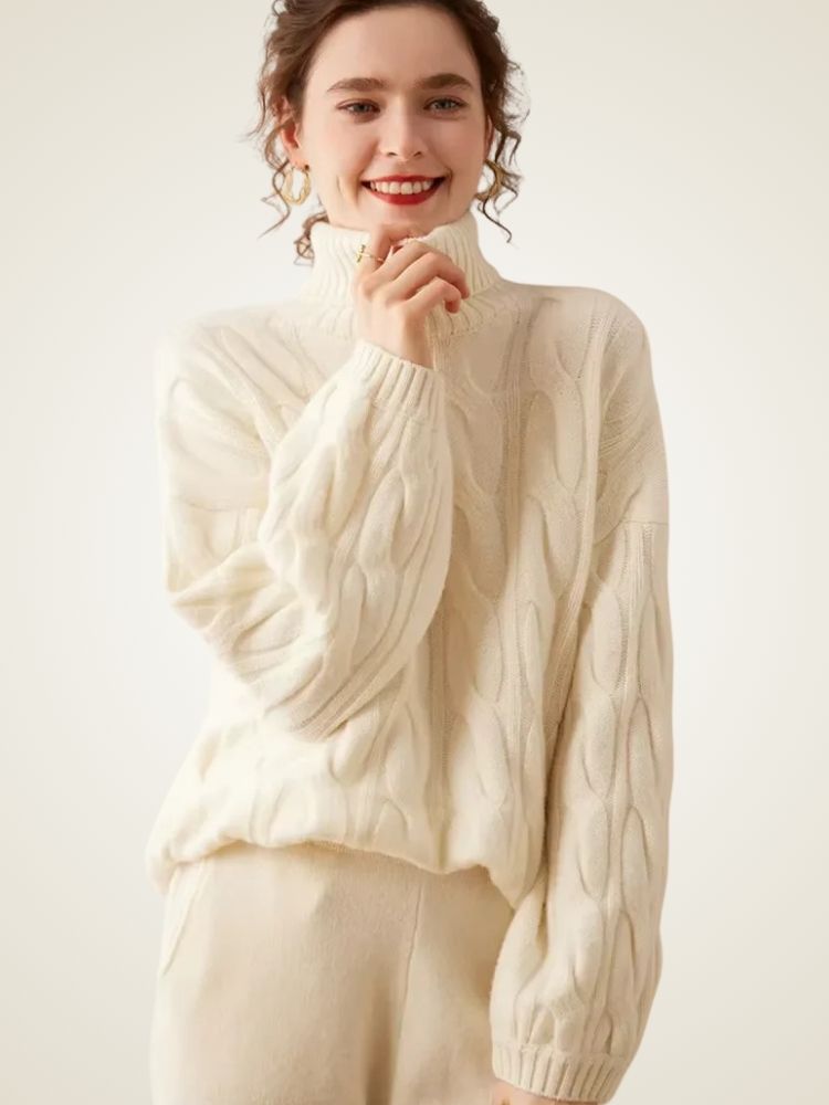 LanlyCashmere Women's Cable Knit Cashmere Turtleneck Sweater