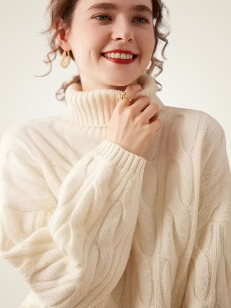 LanlyCashmere Women's Cable Knit Cashmere Turtleneck Sweater