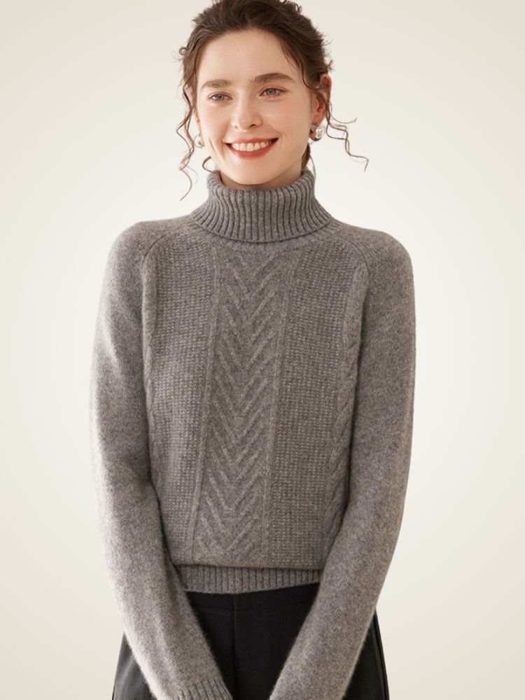 LanlyCashmere Women’s Cable Knit Cashmere Turtleneck Sweater – Slim Fit Pullover