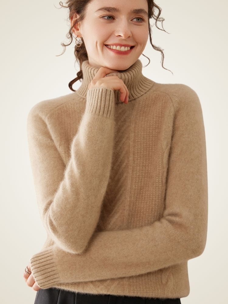 LanlyCashmere Women’s Cable Knit Cashmere Turtleneck Sweater – Slim Fit Pullover