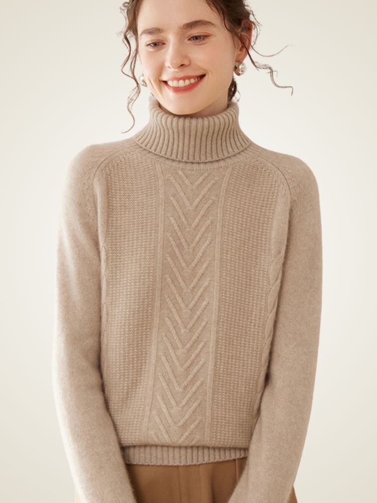 LanlyCashmere Women’s Cable Knit Cashmere Turtleneck Sweater – Slim Fit Pullover