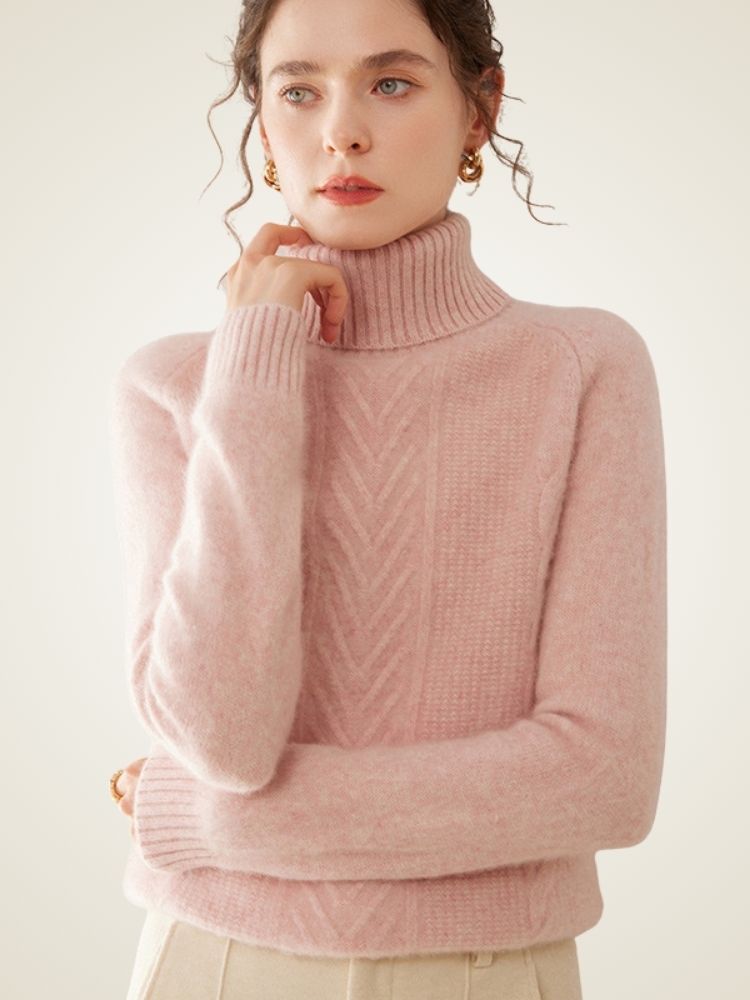 LanlyCashmere Women’s Cable Knit Cashmere Turtleneck Sweater – Slim Fit Pullover