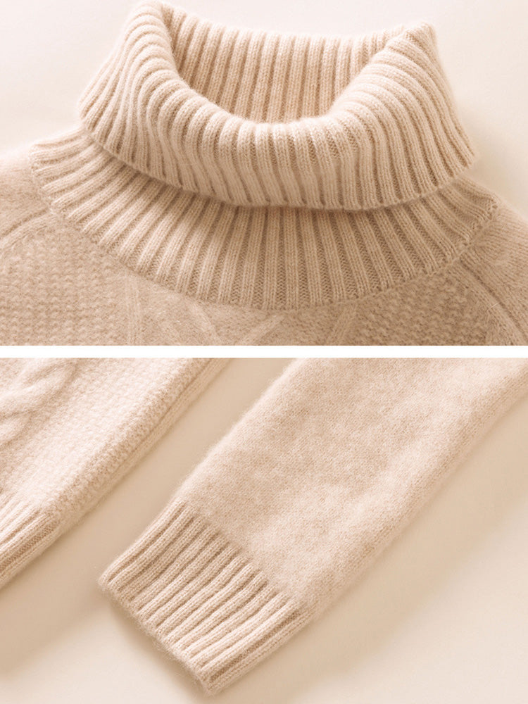 LanlyCashmere Women’s Cable Knit Cashmere Turtleneck Sweater – Slim Fit Pullover