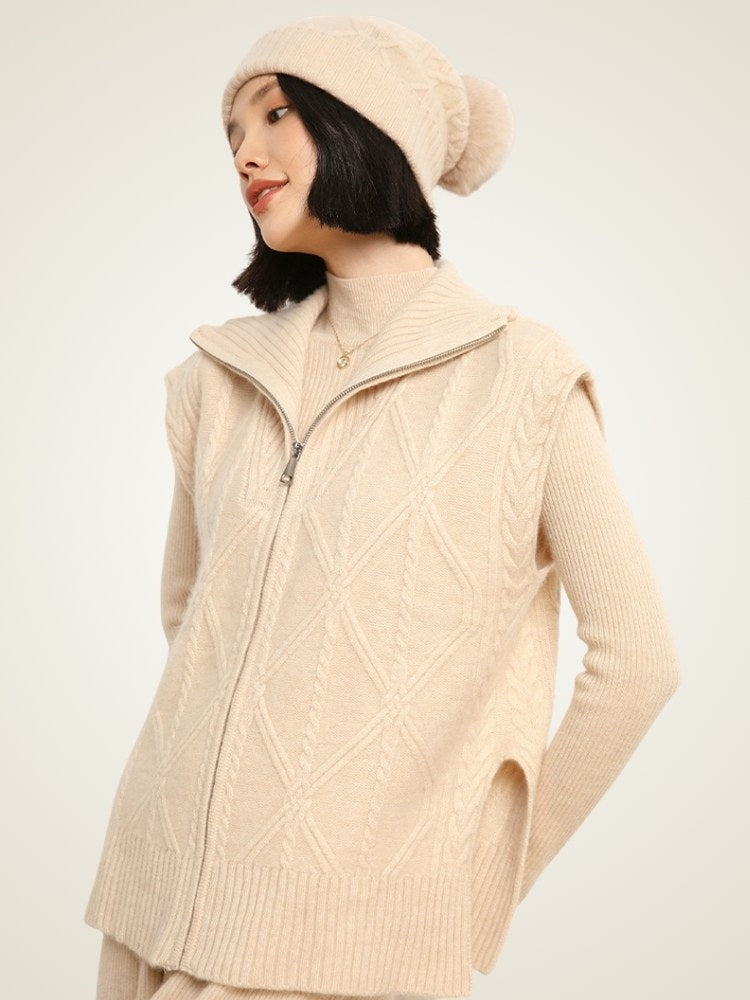 LanlyCashmere Women's Cable Knit Zip Cashmere Vest – Sleeveless Luxury Layering Sweater