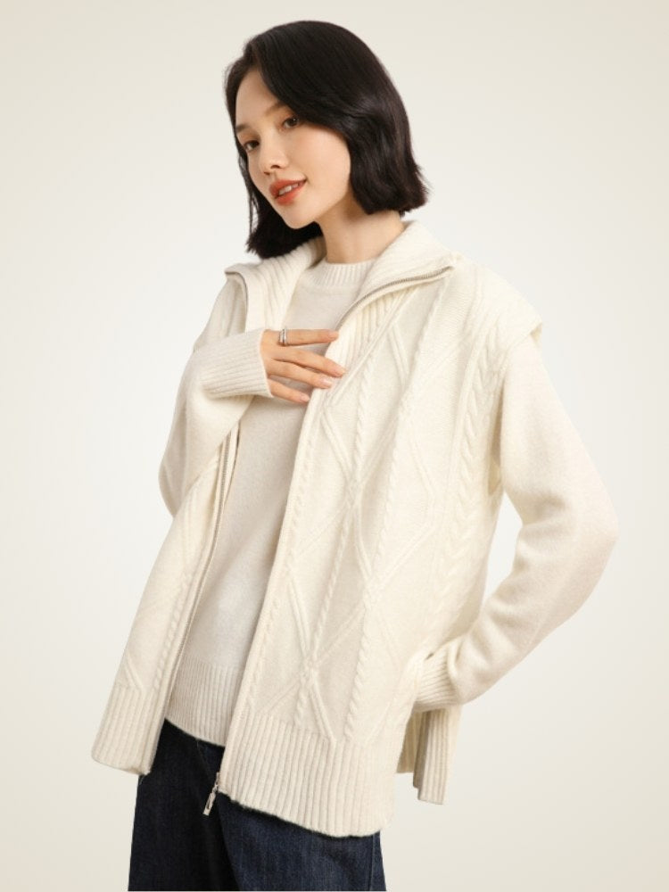 LanlyCashmere Women's Cable Knit Zip Cashmere Vest – Sleeveless Luxury Layering Sweater