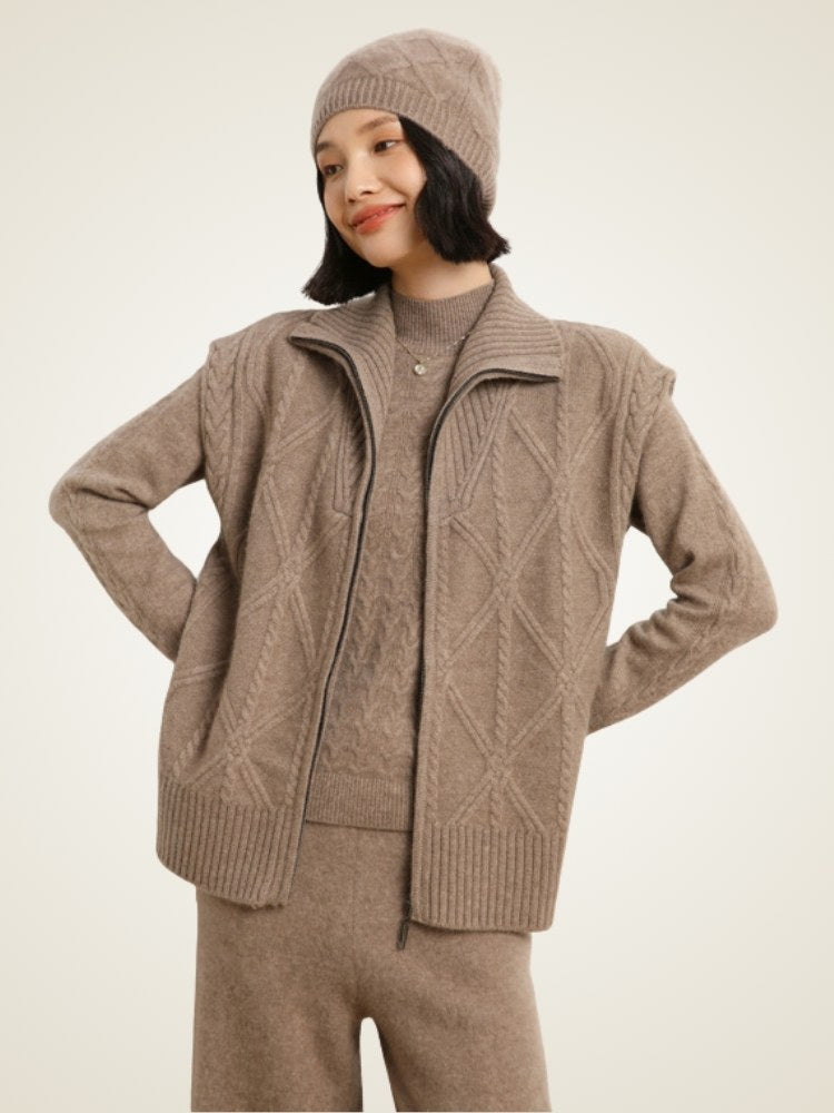LanlyCashmere Women's Cable Knit Zip Cashmere Vest – Sleeveless Luxury Layering Sweater