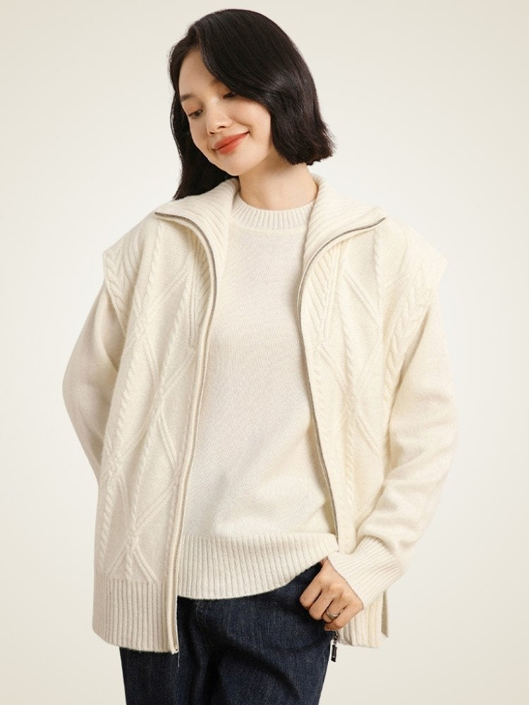 LanlyCashmere Women's Cable Knit Zip Cashmere Vest – Sleeveless Luxury Layering Sweater