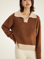 LanlyCashmere Women’s Cashmere Polo Sweater – Two Tone Collared Knit Pullover