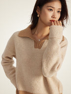 LanlyCashmere Women’s Cashmere Polo Sweater – Two Tone Collared Knit Pullover