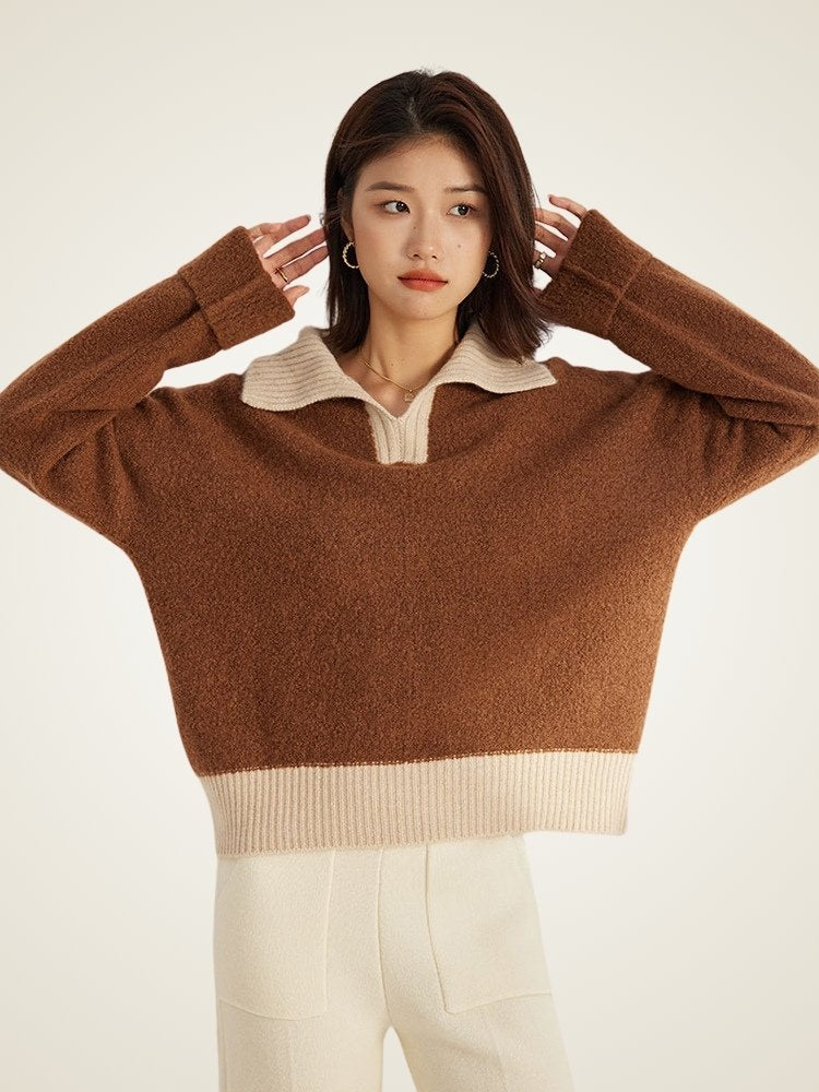 LanlyCashmere Women’s Cashmere Polo Sweater – Two Tone Collared Knit Pullover