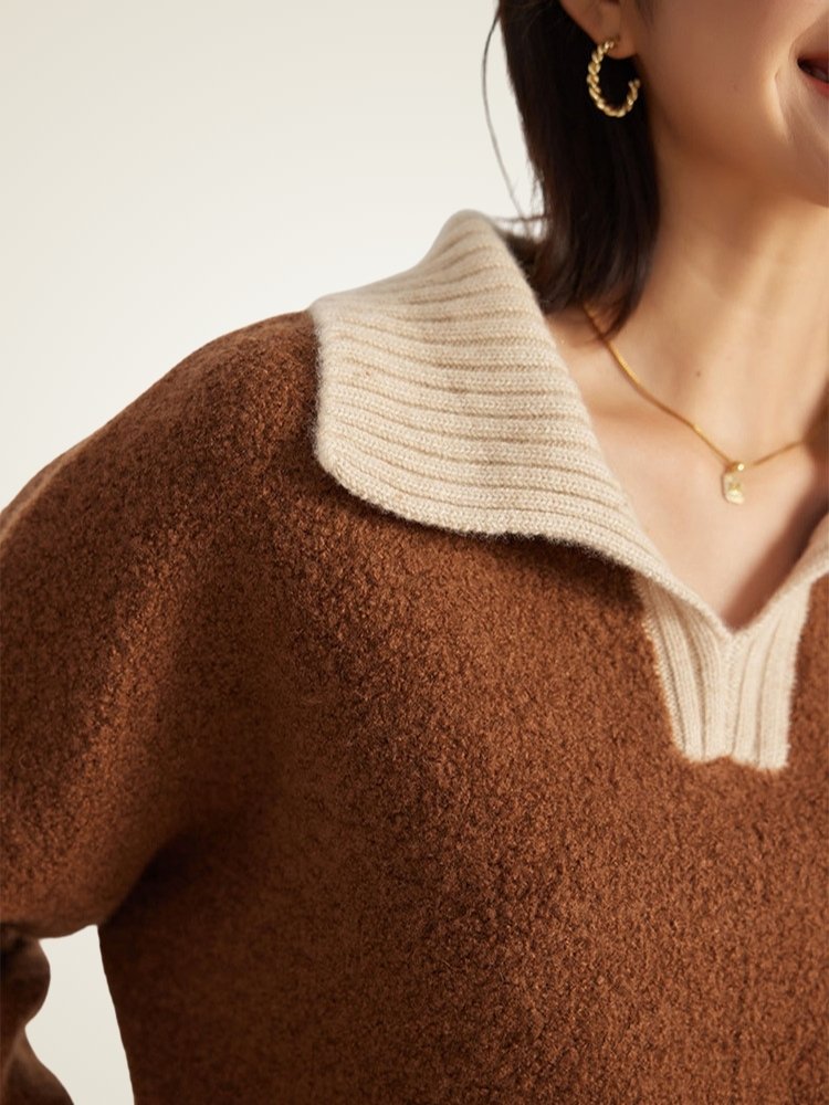 LanlyCashmere Women’s Cashmere Polo Sweater – Two Tone Collared Knit Pullover