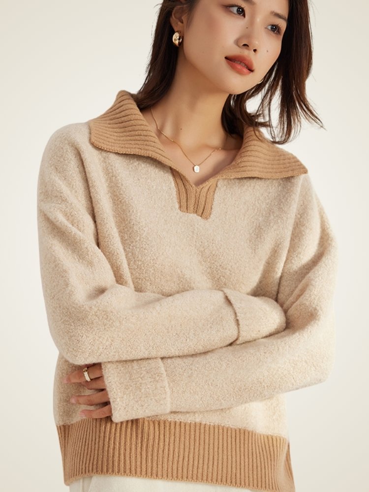 LanlyCashmere Women’s Cashmere Polo Sweater – Two Tone Collared Knit Pullover