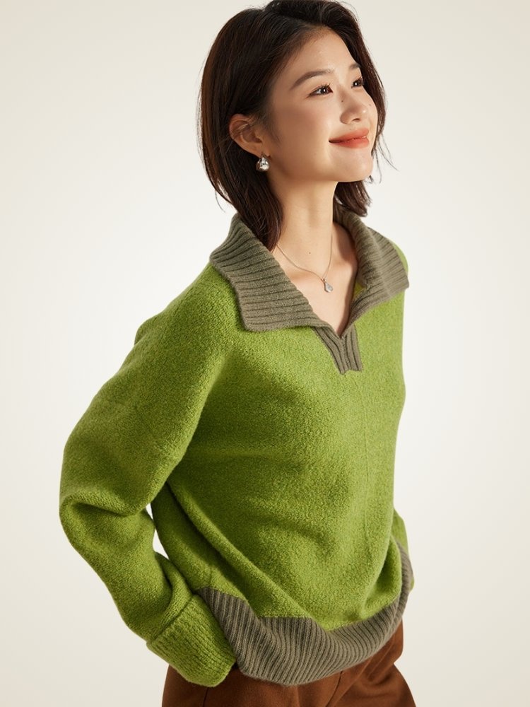 LanlyCashmere Women’s Cashmere Polo Sweater – Two Tone Collared Knit Pullover