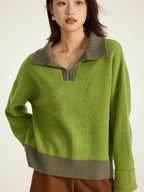 LanlyCashmere Women’s Cashmere Polo Sweater – Two Tone Collared Knit Pullover