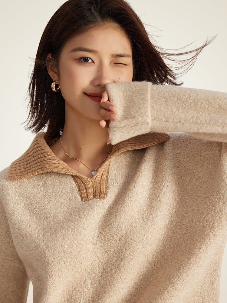 LanlyCashmere Women’s Cashmere Polo Sweater – Two Tone Collared Knit Pullover