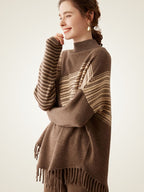 LanlyCashmere Women’s Cashmere Turtleneck Poncho Sweater – Striped Fringe Knit