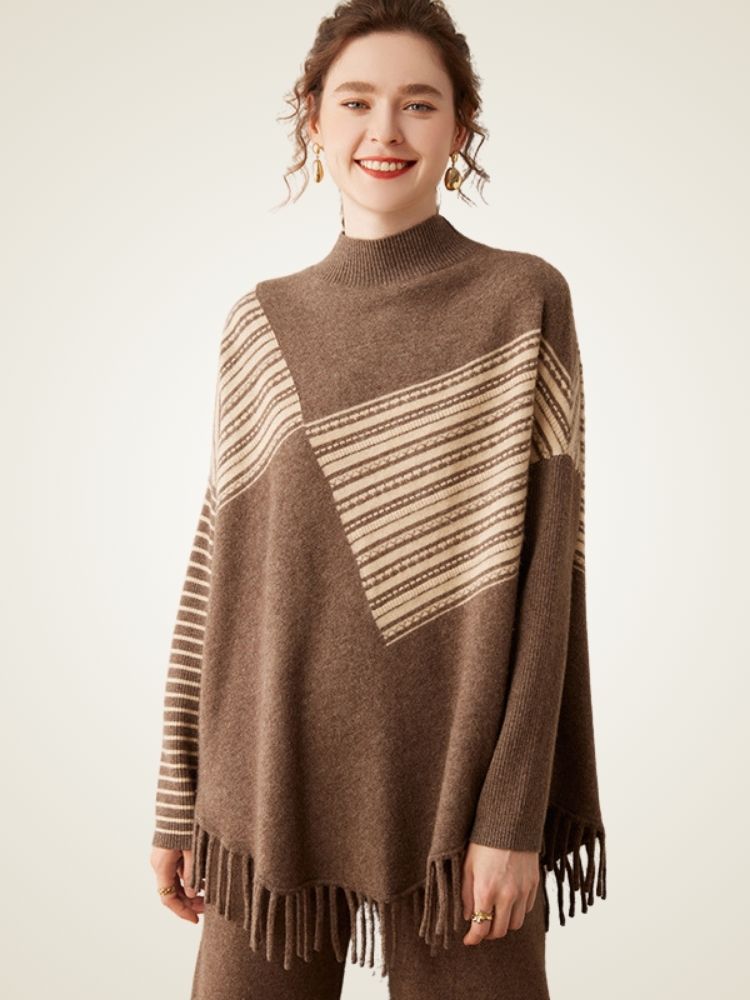 LanlyCashmere Women’s Cashmere Turtleneck Poncho Sweater – Striped Fringe Knit