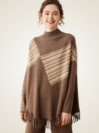 LanlyCashmere Women’s Cashmere Turtleneck Poncho Sweater – Striped Fringe Knit