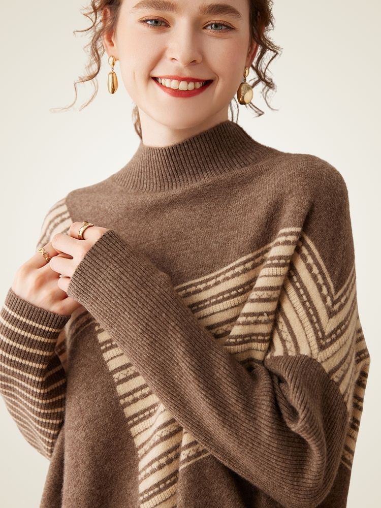 LanlyCashmere Women’s Cashmere Turtleneck Poncho Sweater – Striped Fringe Knit