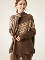 LanlyCashmere Women’s Cashmere Turtleneck Poncho Sweater – Striped Fringe Knit