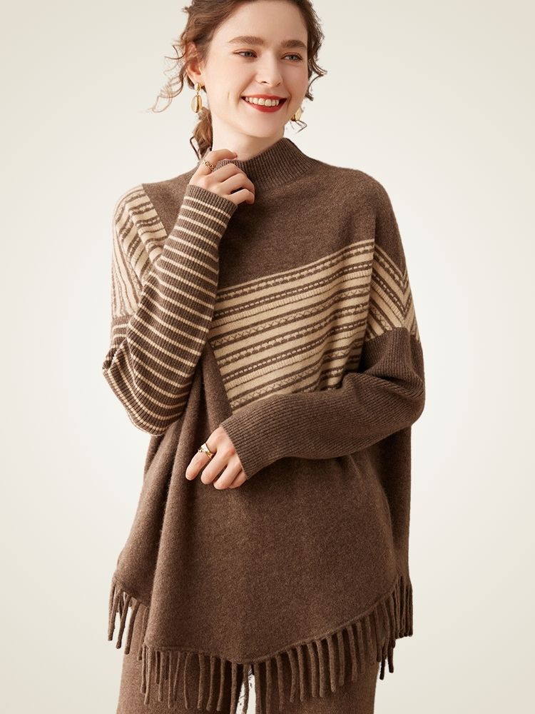 LanlyCashmere Women’s Cashmere Turtleneck Poncho Sweater – Striped Fringe Knit