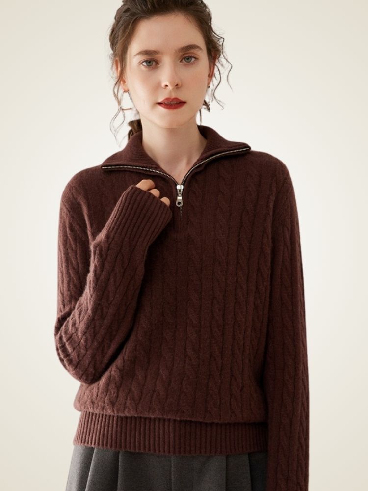 LanlyCashmere Women's Half Zip Cable Knit Cashmere Sweater