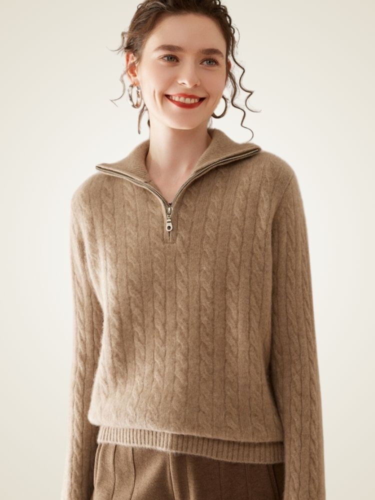LanlyCashmere Women's Half Zip Cable Knit Cashmere Sweater