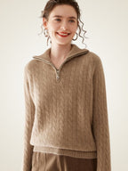 LanlyCashmere Women's Half Zip Cable Knit Cashmere Sweater