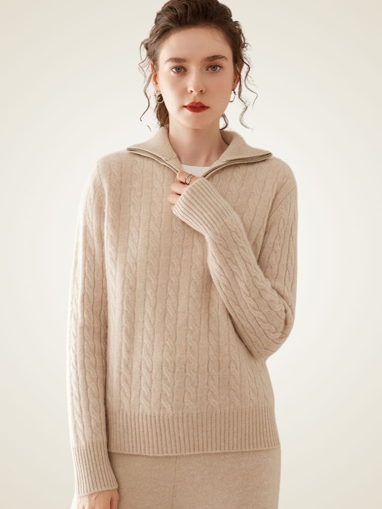 LanlyCashmere Women's Half Zip Cable Knit Cashmere Sweater