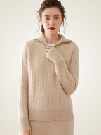 LanlyCashmere Women's Half Zip Cable Knit Cashmere Sweater