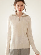 LanlyCashmere Women's Half Zip Cable Knit Cashmere Sweater