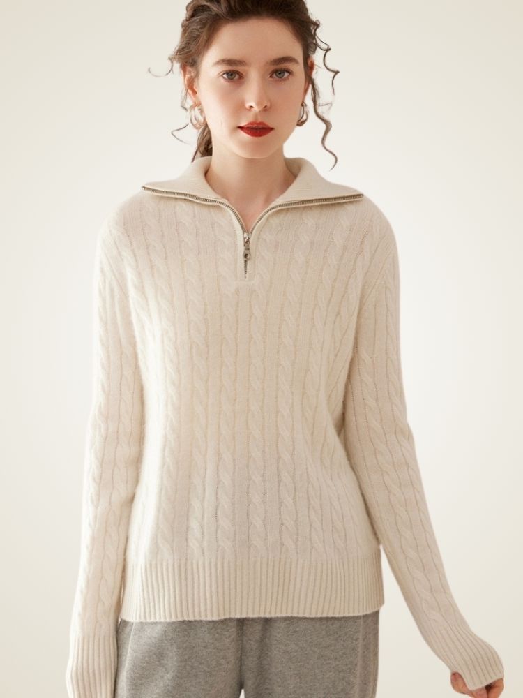 LanlyCashmere Women's Half Zip Cable Knit Cashmere Sweater