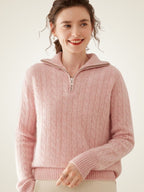 LanlyCashmere Women's Half Zip Cable Knit Cashmere Sweater