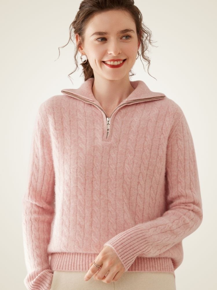 LanlyCashmere Women's Half Zip Cable Knit Cashmere Sweater