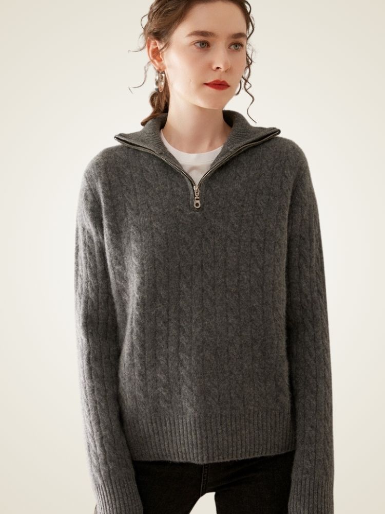 LanlyCashmere Women's Half Zip Cable Knit Cashmere Sweater