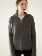 LanlyCashmere Women's Half Zip Cable Knit Cashmere Sweater