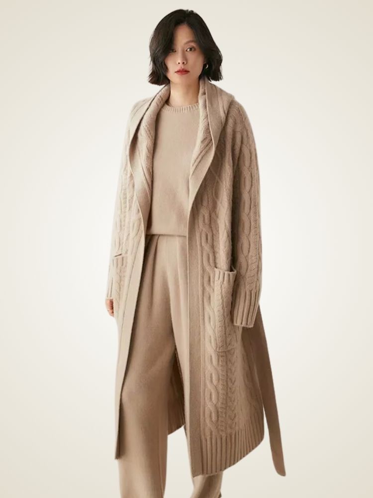 LanlyCashmere Women's Hooded Cable Knit Cashmere Cardigan Coat