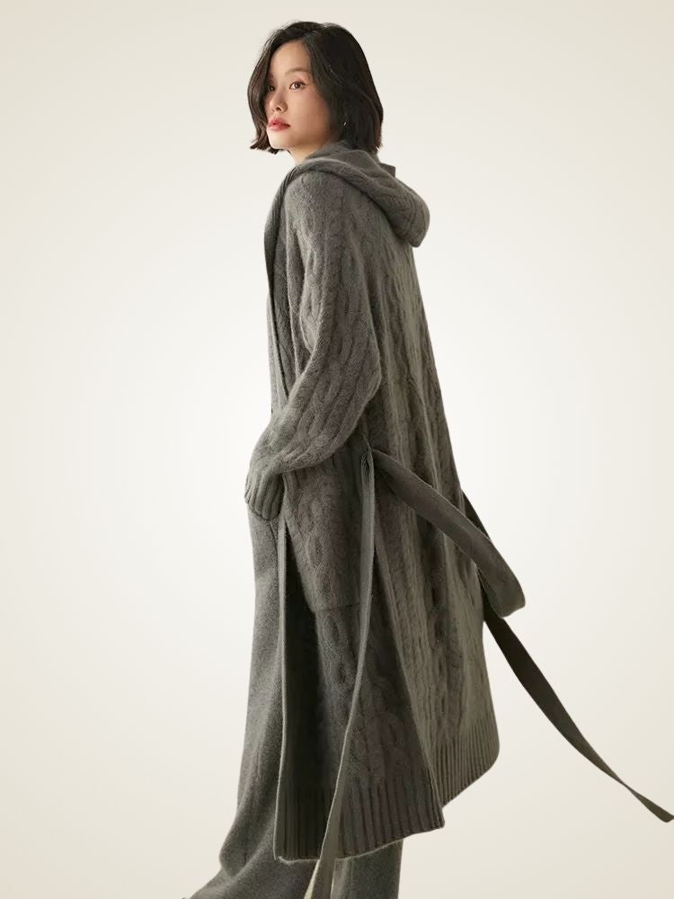 LanlyCashmere Women's Hooded Cable Knit Cashmere Cardigan Coat