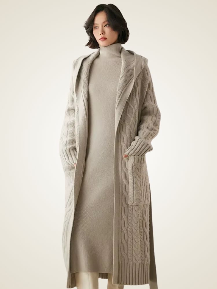 LanlyCashmere Women's Hooded Cable Knit Cashmere Cardigan Coat