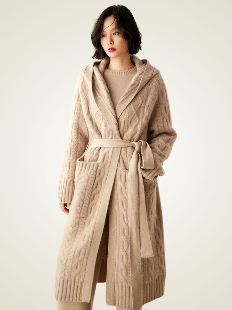 LanlyCashmere Women's Hooded Cable Knit Cashmere Cardigan Coat