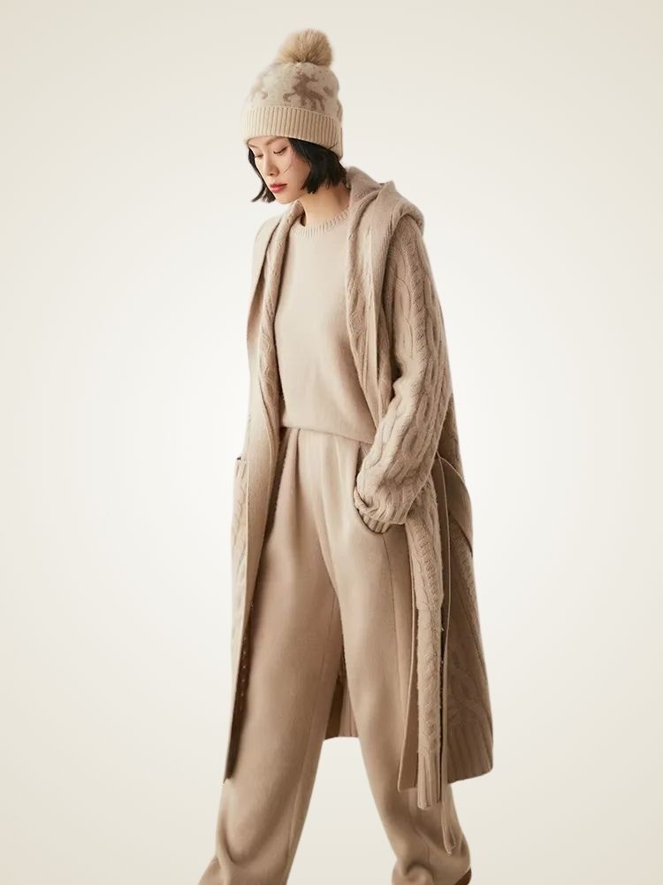 LanlyCashmere Women's Hooded Cable Knit Cashmere Cardigan Coat