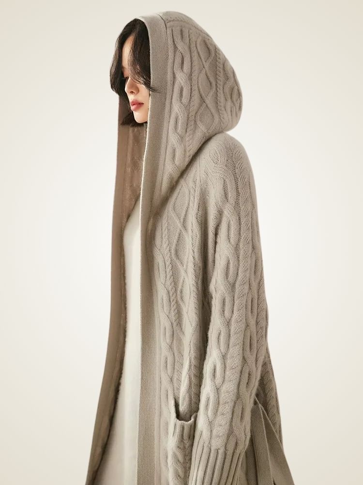 LanlyCashmere Women's Hooded Cable Knit Cashmere Cardigan Coat