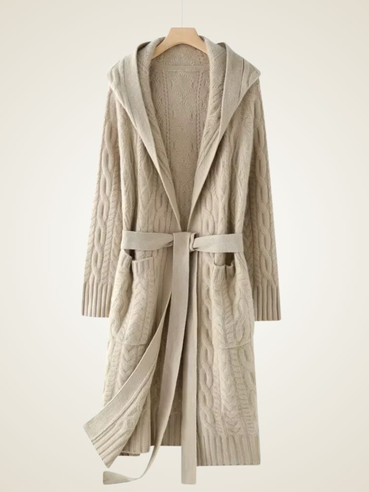 LanlyCashmere Women's Hooded Cable Knit Cashmere Cardigan Coat