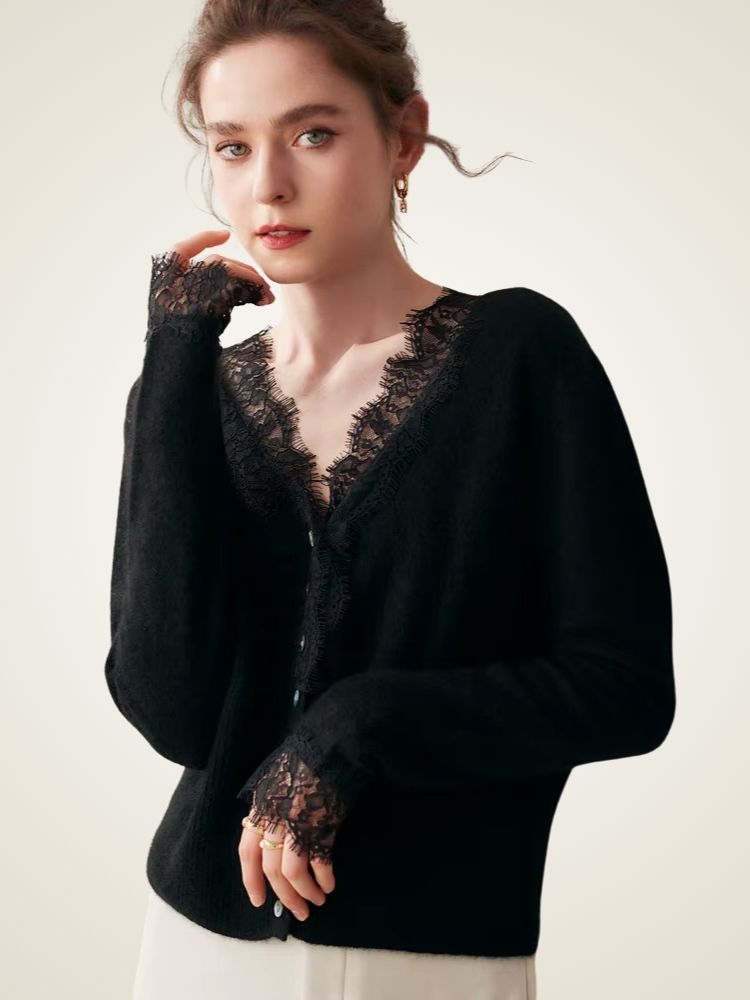 LanlyCashmere Women's Lace Trim Cashmere Cardigan V Neck Knit