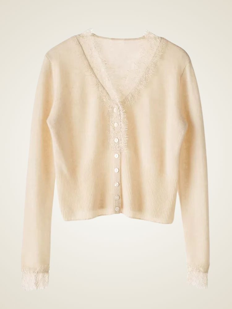 LanlyCashmere Women's Lace Trim Cashmere Cardigan V Neck Knit