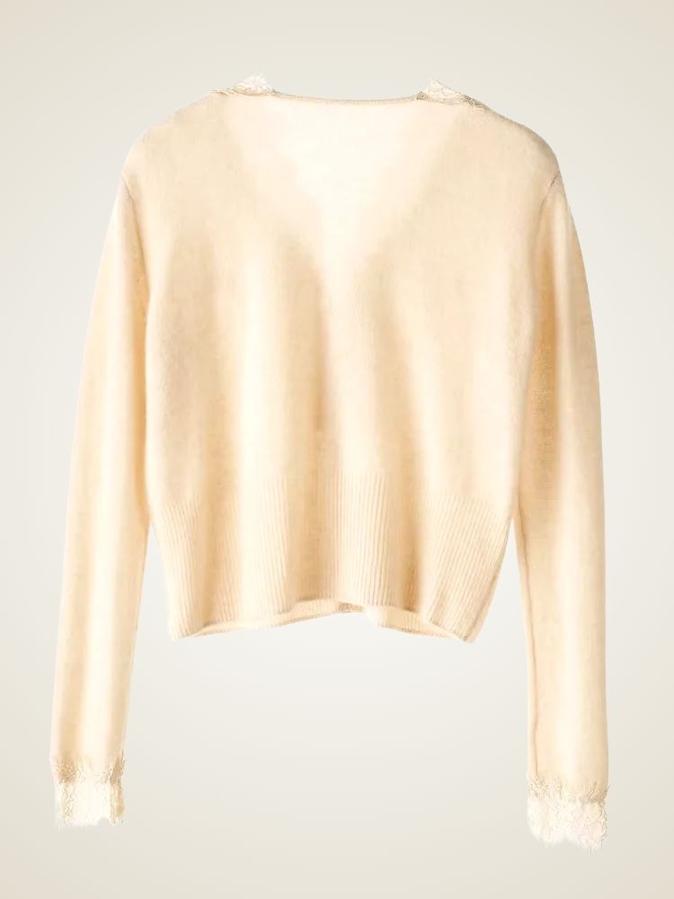 LanlyCashmere Women's Lace Trim Cashmere Cardigan V Neck Knit