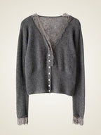 LanlyCashmere Women's Lace Trim Cashmere Cardigan V Neck Knit