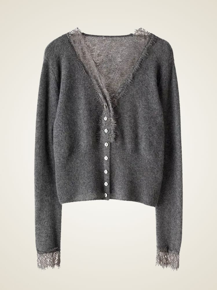 LanlyCashmere Women's Lace Trim Cashmere Cardigan V Neck Knit